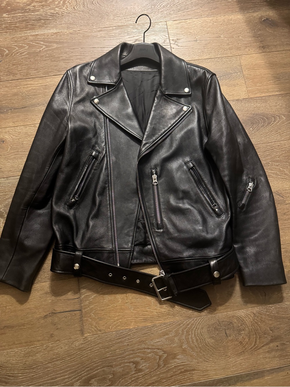 Acne Black Leather Moto Jacket with Belt